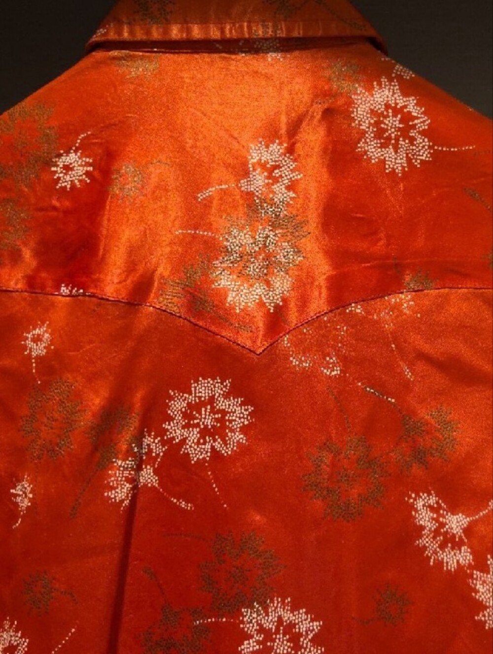 Women's Vintage Western H Bar C Orange Floral Satin Pearl Snap Shirt - Picture 5 of 8